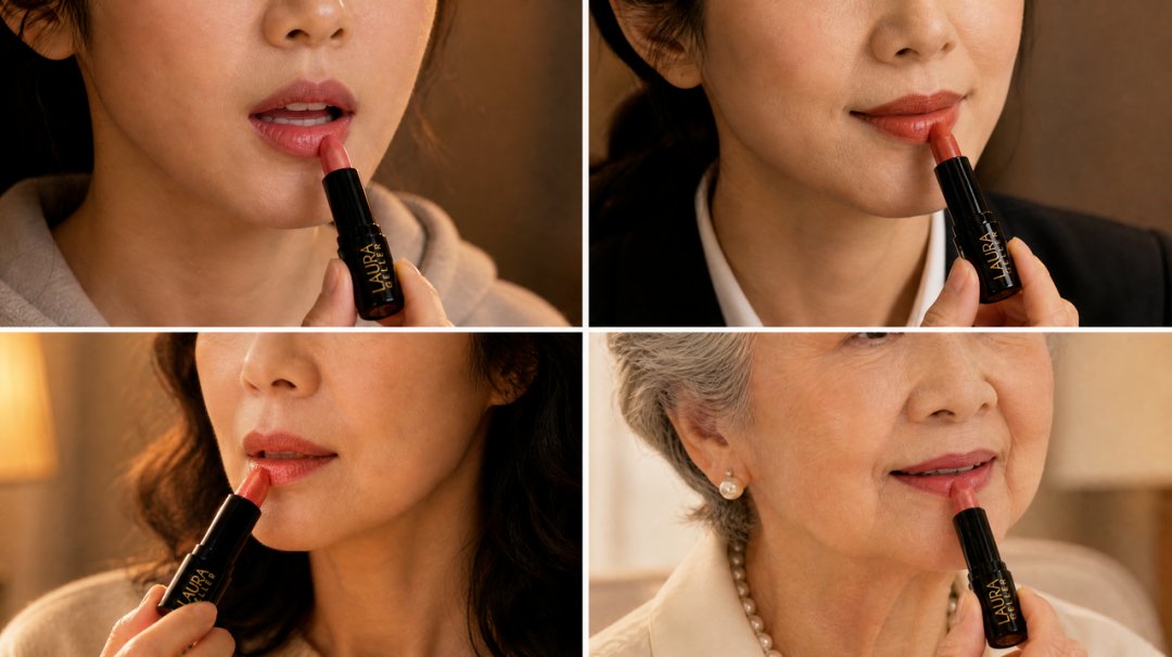 产品是 Laura Geller 口红，出了粉色/砖红/珊瑚金三个颜色，每个颜色各自出正面、侧面、45 度、旋开状态四张，logo 特写单独一张留给收尾。
