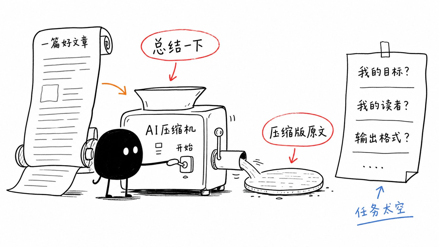 这句话太空了。AI 不知道你是要学习、写笔记、发朋友圈、写推文,还是准备做一期视频。"总结一下" 只能得到压缩版原文,这不是你的笔记,也不是你的观点。